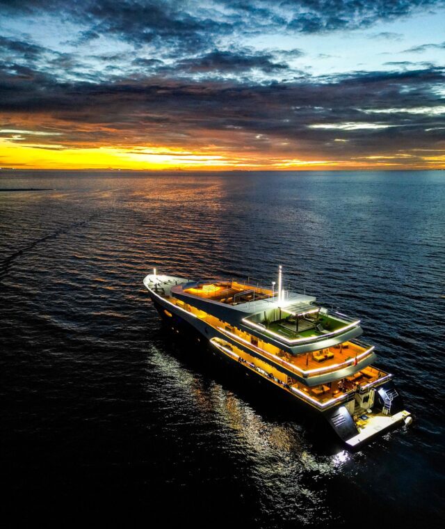 Drone shot of scubaspa boat at dusk