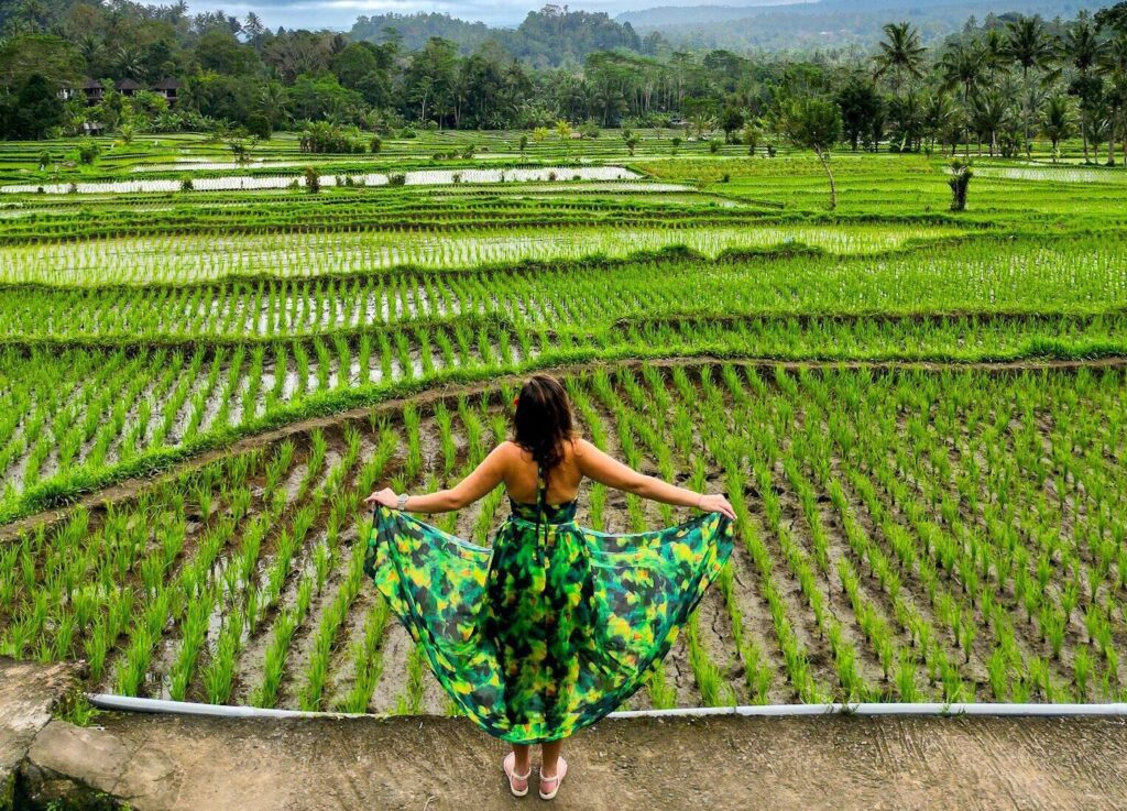girl standing in front of rice fields in bali with a green dress