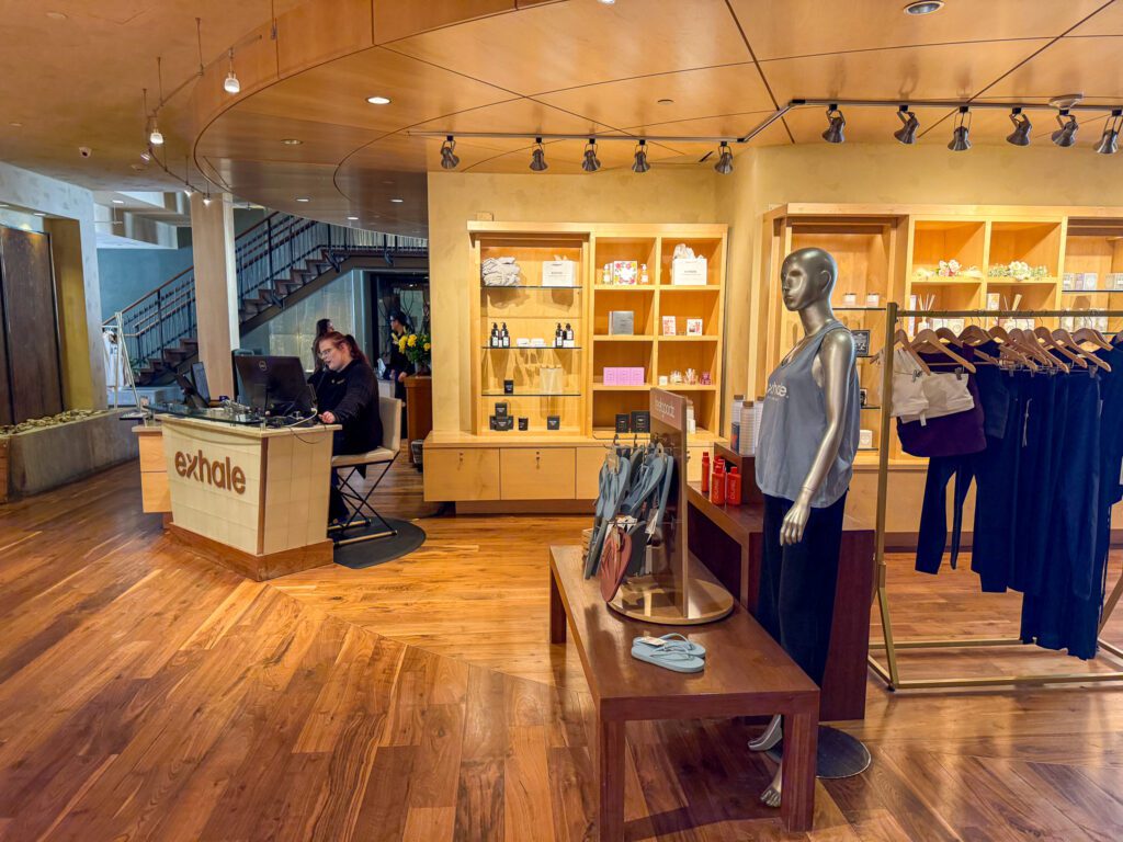 Exhale Spa retail boutique and check-in area at Park Hyatt Beaver Creek, featuring wellness products and activewear