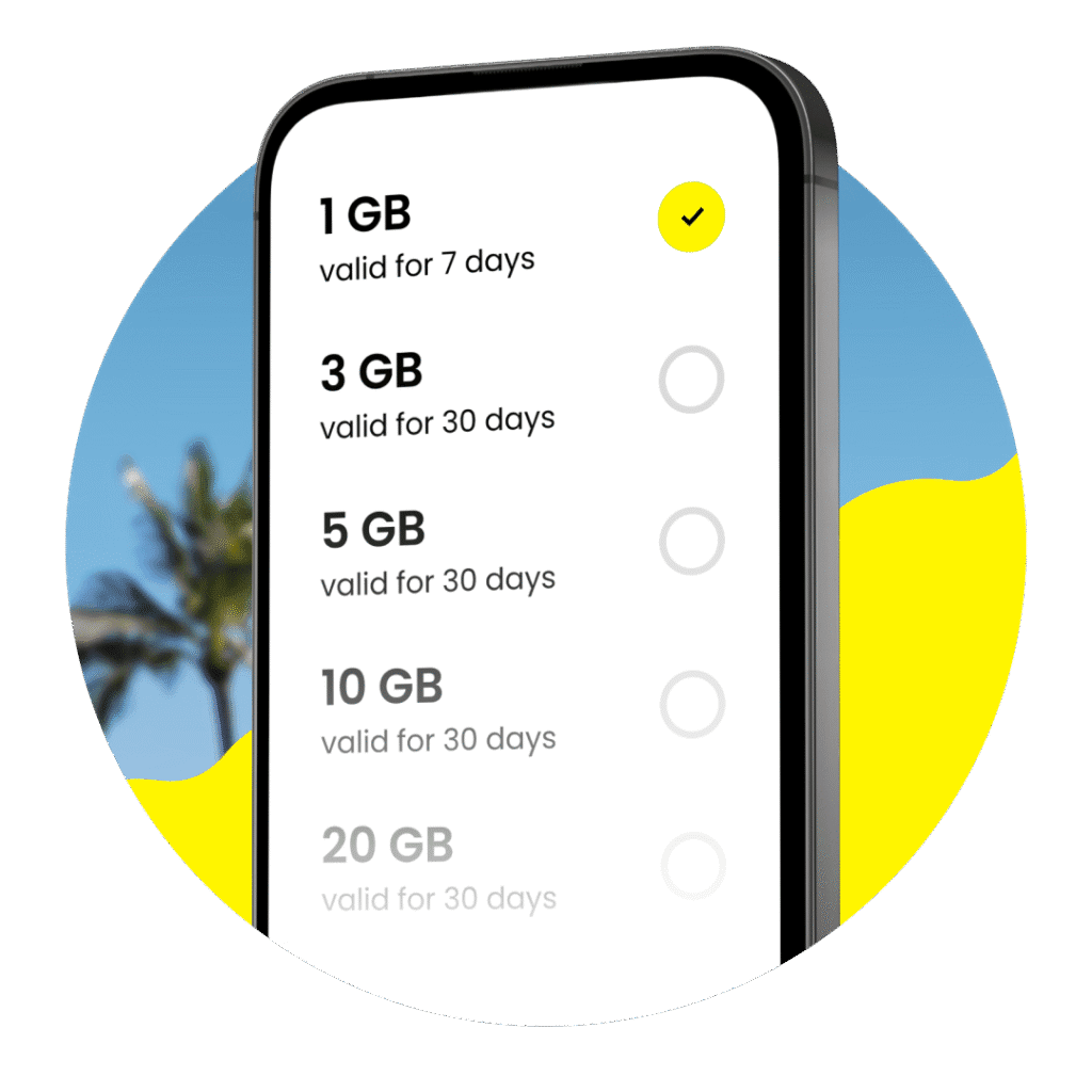 Smartphone screen showing Saily eSIM data plan options ranging from 1 GB for 7 days to 20 GB for 30 days, with palm trees and a bright background.