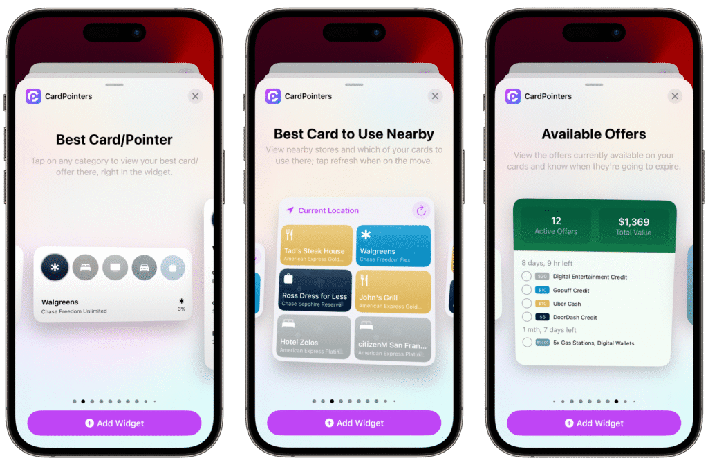 Three iPhones showing CardPointers widgets: best card for each purchase category, nearby stores with ideal cards, and available card offers with total value and expiration dates