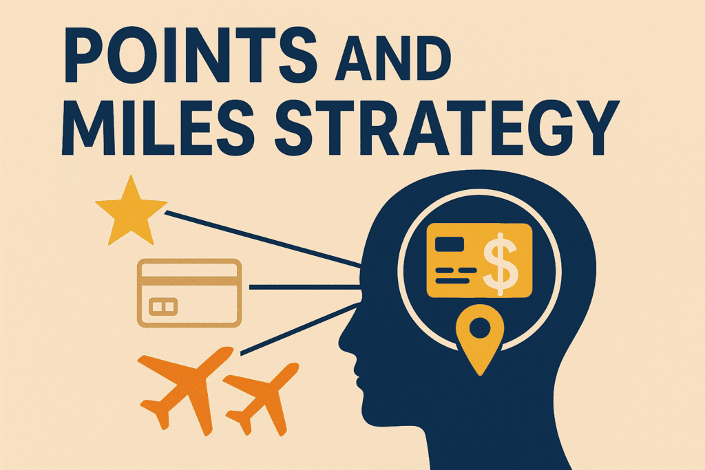 Illustration showing a human head silhouette filled with travel reward icons, including credit cards, airplanes, and stars, symbolizing the mindset and psychology behind points and miles strategy