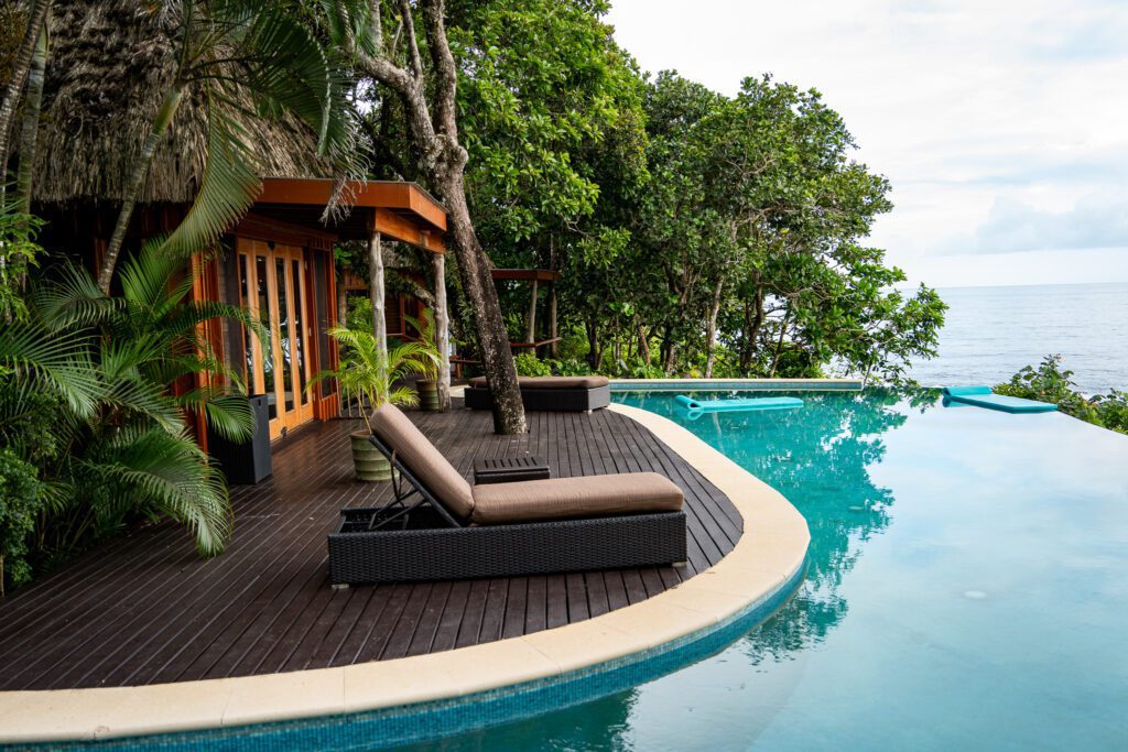 Private villa infinity pool overlooking the ocean at Namale Resort & Spa, an adults-only all-inclusive in Fiji.