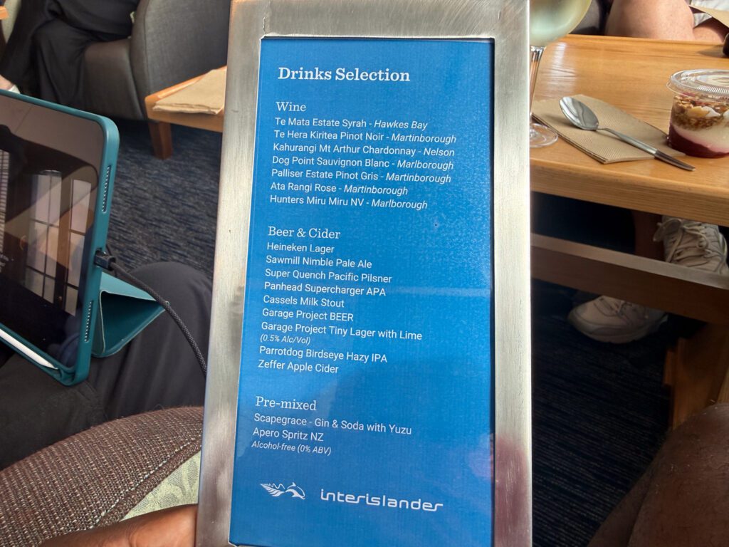 Interislander Premium Lounge drink menu featuring New Zealand wines, craft beers, cider and premixed cocktails.