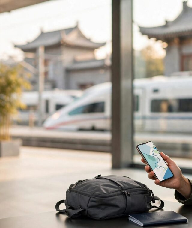Traveler planning a China trip with a phone, backpack, and passport at a train station.